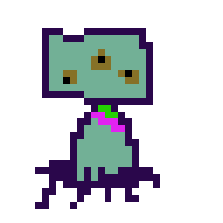 pixel drawing of a green creature with three eyes and several bug-like legs